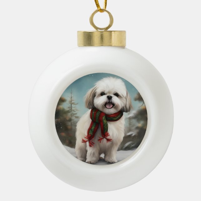 Malti Tzu Dog in Snow Christmas Ceramic Ball Christmas Ornament (Front)