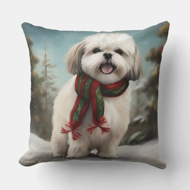 Malti Tzu Dog in Snow Christmas Cushion (Front)