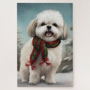 Malti Tzu Dog in Snow Christmas Jigsaw Puzzle
