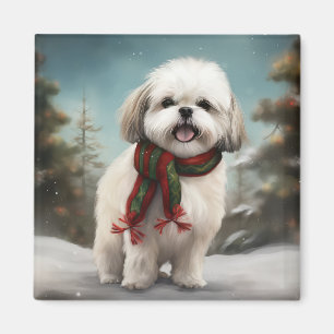 Malti Tzu Dog in Snow Christmas Magnet
