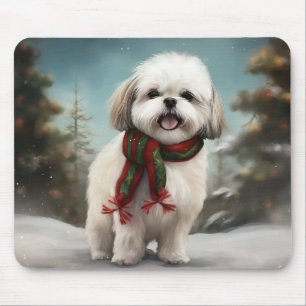 Malti Tzu Dog in Snow Christmas Mouse Pad