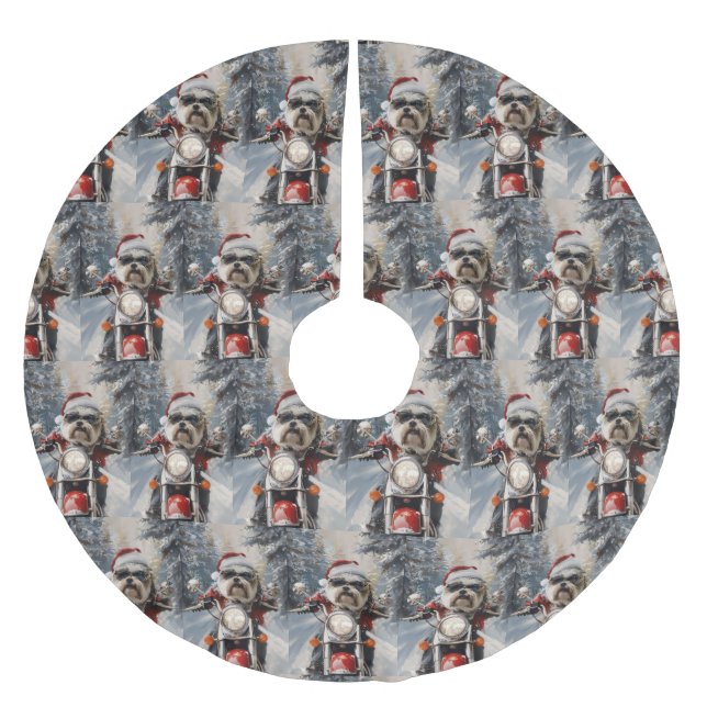 Malti Tzu Dog Riding Motorcycle Christmas Brushed Polyester Tree Skirt (Front)