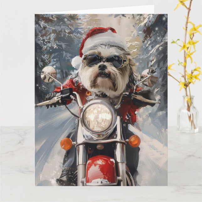 Malti Tzu Dog Riding Motorcycle Christmas Card (Yellow Flower)