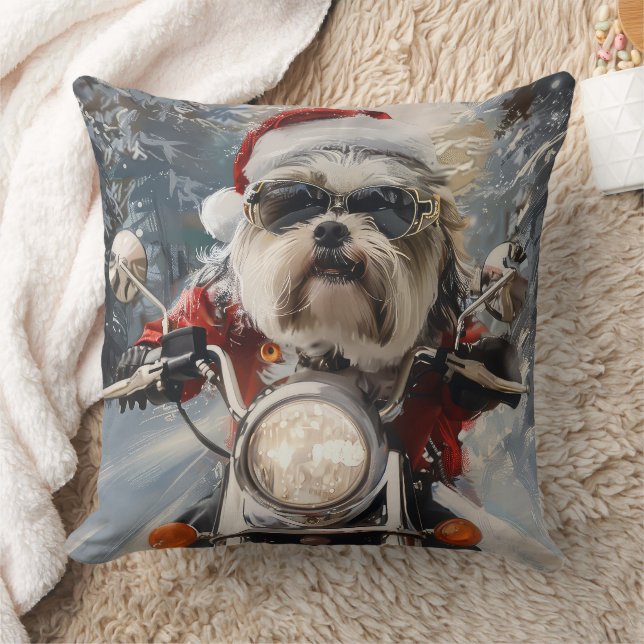 Malti Tzu Dog Riding Motorcycle Christmas Cushion (Blanket)