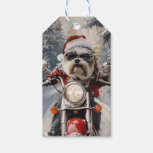 Malti Tzu Dog Riding Motorcycle Christmas Gift Tags