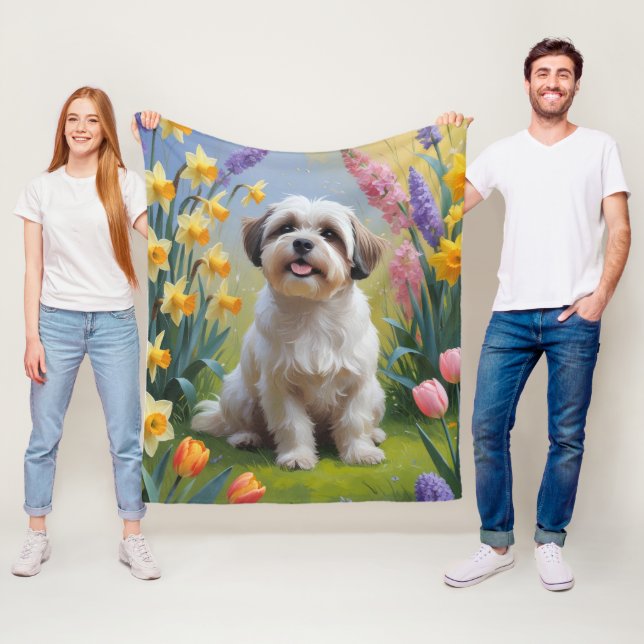 Malti Tzu Dog Spring Flowers Painting Fleece Blanket (In Situ)