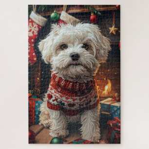 Malti Tzu Dog With Christmas Gifts Fireplace  Jigsaw Puzzle