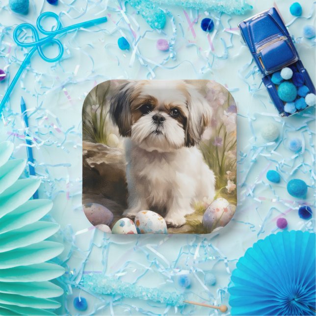 Malti Tzu Dog with Easter Eggs Holiday Paper Plate (Party)