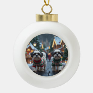 Malti Tzu Dogs Christmas Snow Holiday Ceramic Ball Christmas Ornament