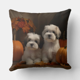 Malti tzu Puppy Autumn Delight Pumpkin Cushion