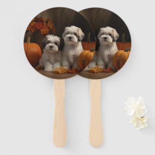 Malti tzu Puppy Autumn Delight Pumpkin Hand Fan