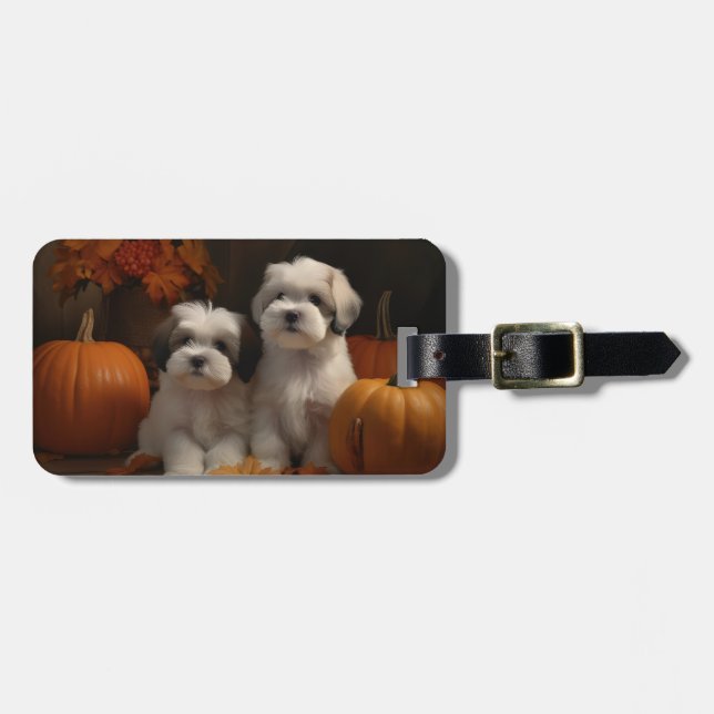 Malti tzu Puppy Autumn Delight Pumpkin Luggage Tag (Front Horizontal)
