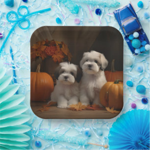 Malti tzu Puppy Autumn Delight Pumpkin Paper Plate