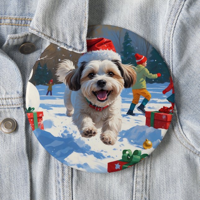 Malti Tzu Running in Snow with Christmas Hat 6 Cm Round Badge (In Situ)
