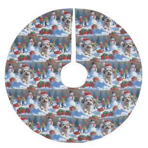 Malti Tzu Running in Snow with Christmas Hat Brushed Polyester Tree Skirt