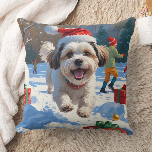 Malti Tzu Running in Snow with Christmas Hat Cushion (Blanket)