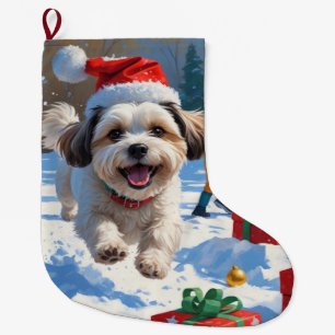 Malti Tzu Running in Snow with Christmas Hat Large Christmas Stocking
