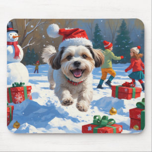 Malti Tzu Running in Snow with Christmas Hat Mouse Pad