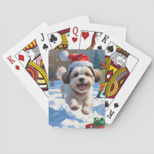 Malti Tzu Running in Snow with Christmas Hat Playing Cards