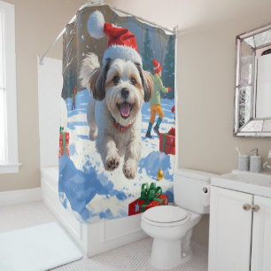 Malti Tzu Running in Snow with Christmas Hat Shower Curtain