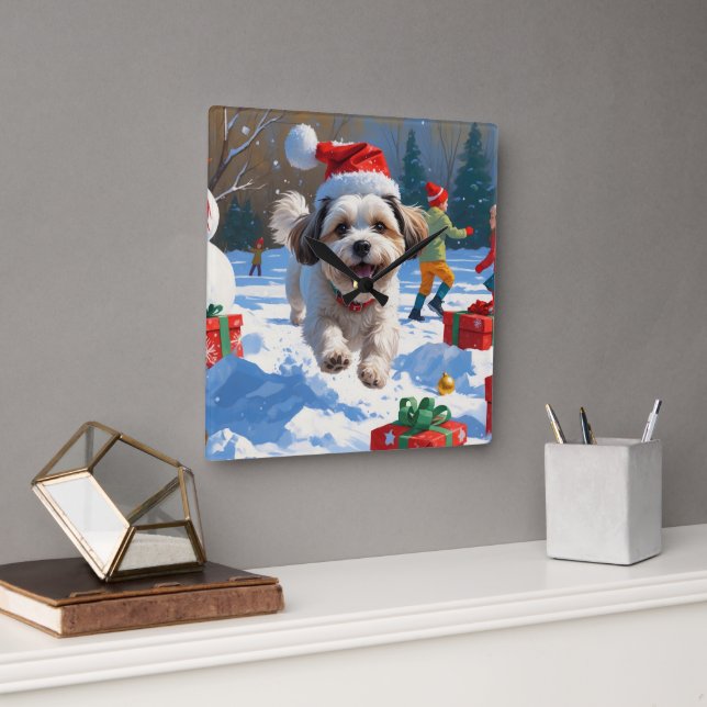 Malti Tzu Running in Snow with Christmas Hat Square Wall Clock (Office)