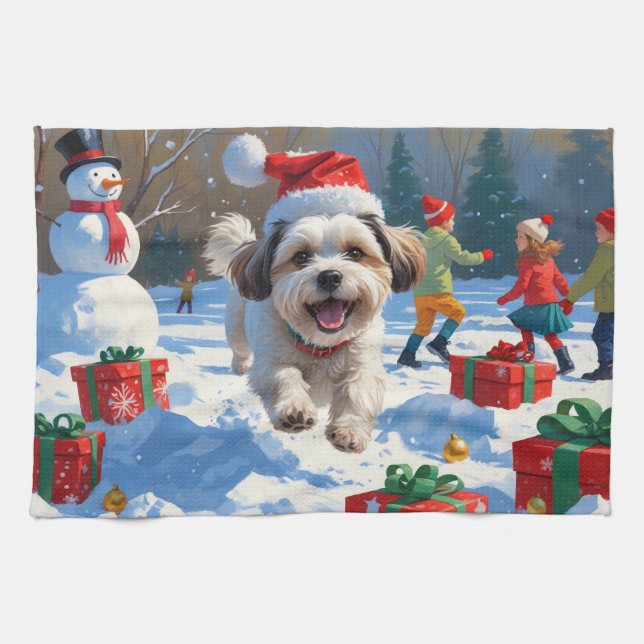 Malti Tzu Running in Snow with Christmas Hat Tea Towel (Horizontal)