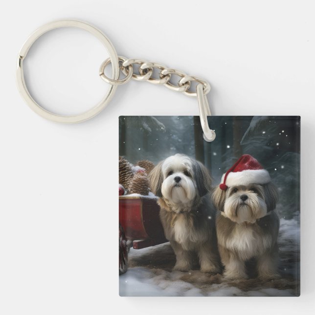 Malti tzu Snowy Sleigh Christmas Decor  Key Ring (Front)