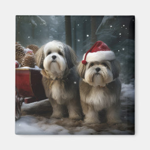 Malti tzu Snowy Sleigh Christmas Decor Magnet