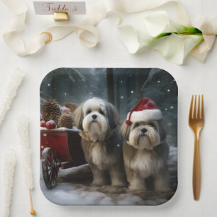 Malti tzu Snowy Sleigh Christmas Decor Paper Plate