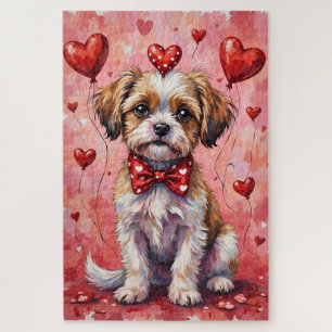Malti Tzu Valentine Dog Sitting with Hearts Red Jigsaw Puzzle