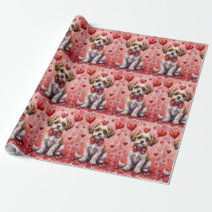 Malti Tzu Valentine Dog Sitting with Hearts Red Wrapping Paper