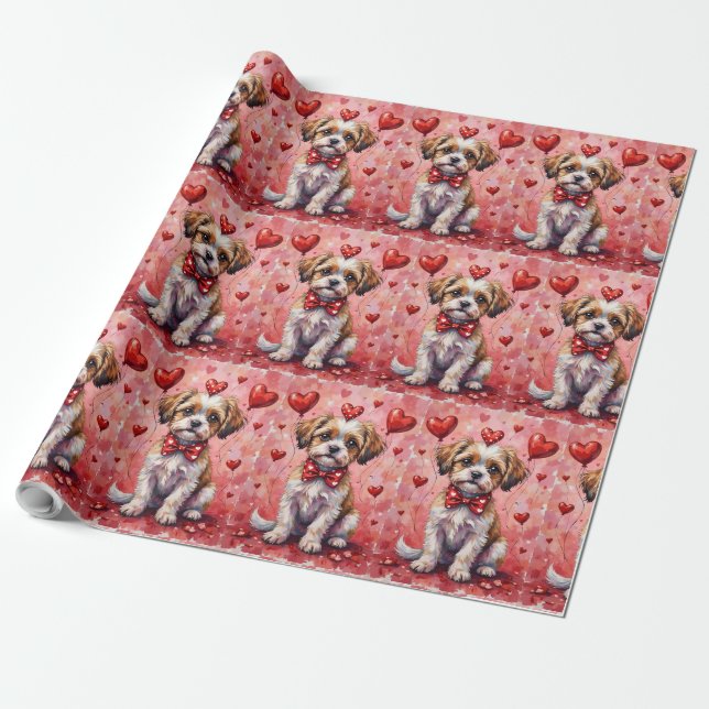 Malti Tzu Valentine Dog Sitting with Hearts Red Wrapping Paper (Unrolled)
