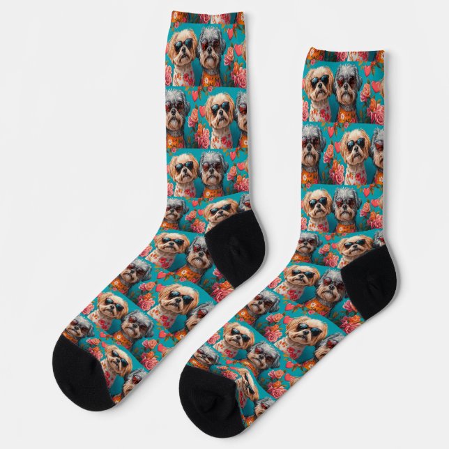 Malti Tzu with Heart Roses Valentine's Day  Socks (Left)