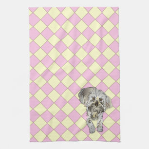 Maltipoo Puppy on Pink Checked Pattern Tea Towel
