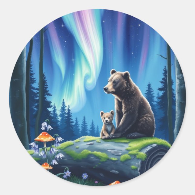Mama and Baby Bear and the Northern Lights Classic Round Sticker (Front)