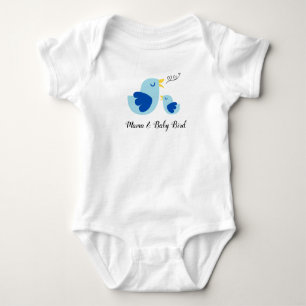 Mama and Baby Bird Singing, Cute Blue Feather Bird Baby Bodysuit