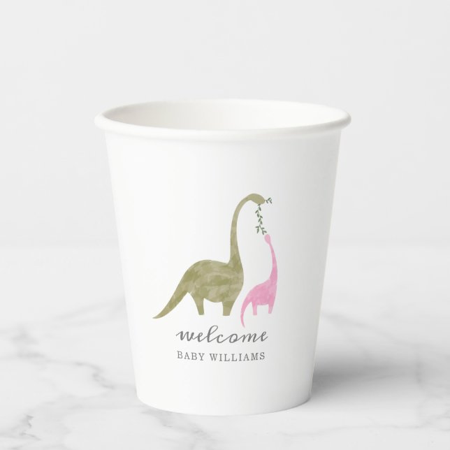Mama and Baby Dinosaur Pink Baby Shower Paper Cups (Front)