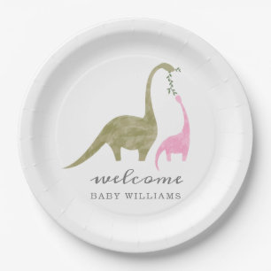 Mama and Baby Dinosaur Pink Baby Shower Paper Plate