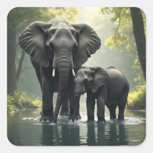 Mama and Baby Elephant in African-Rainforest Square Sticker
