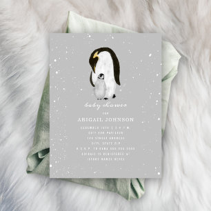Mama and Baby Penguin Neutral Grey Baby Shower Invitation