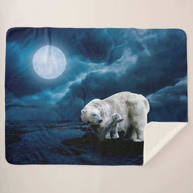 Mama and Baby Polar Bear at Night Sherpa Blanket (Front (Horizontal))