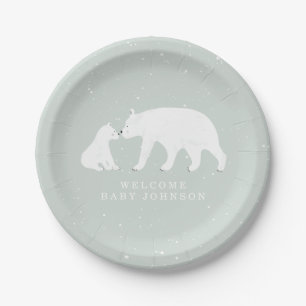 Mama and Baby Polar Bear Blue Winter Baby Shower Paper Plate