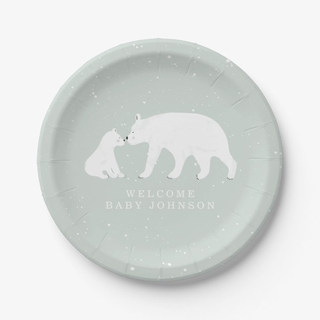 Mama and Baby Polar Bear Blue Winter Baby Shower Paper Plate (Front)
