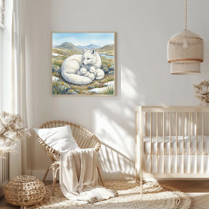 Mama Arctic Fox and Kits Nursery Poster
