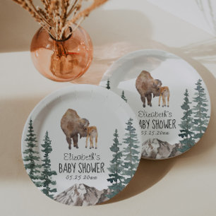 Mama Baby Bison Baby Shower Paper Plate