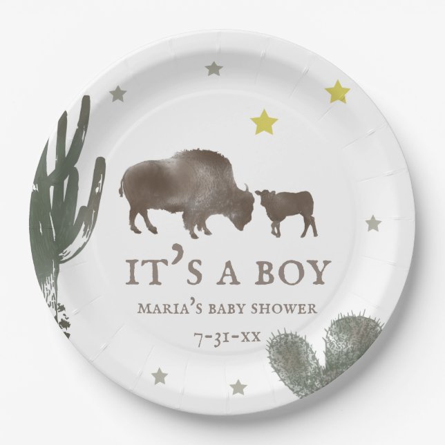 Mama Baby Buffalo Cactus Boy Baby Shower Paper Plate (Front)
