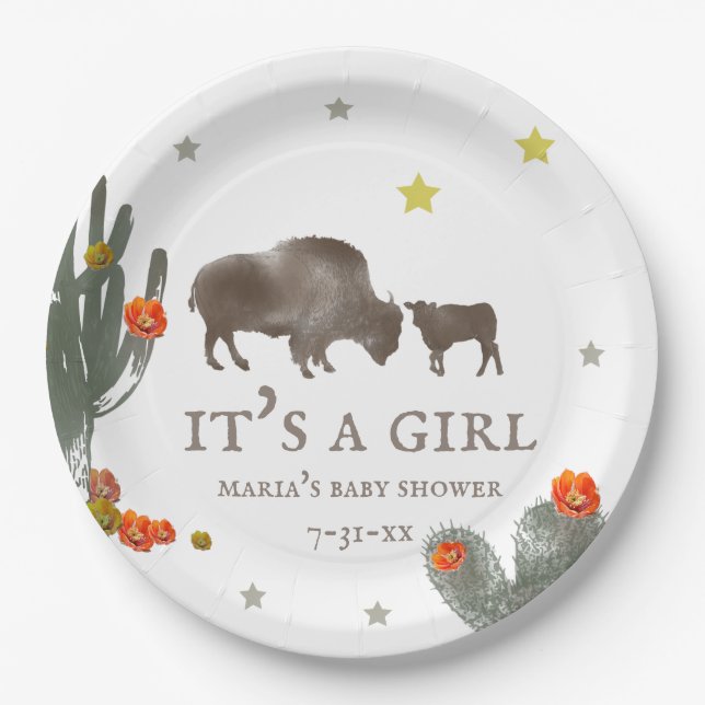 Mama Baby Buffalo Floral Cactus Girl Baby Shower  Paper Plate (Front)