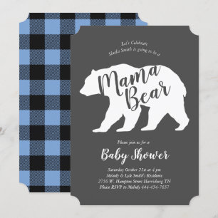 Mama Bear Baby Shower Blue Plaid Boy Invitation