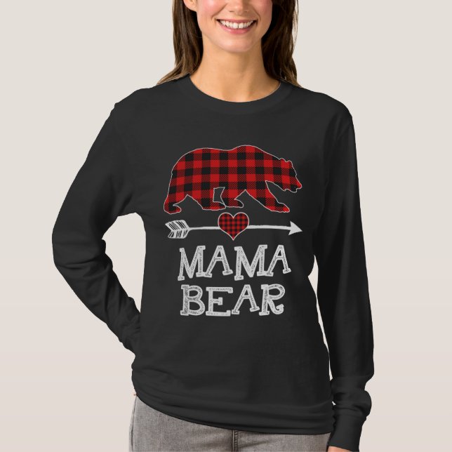 Mama Bear Christmas Pajama Red Plaid Buffalo Famil T-Shirt (Front)