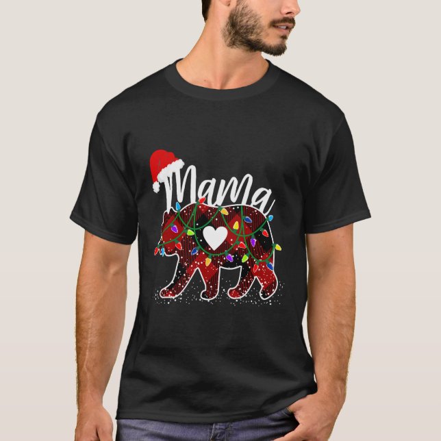 Mama Bear Christmas Red Buffalo Plaid With Santa H T-Shirt (Front)